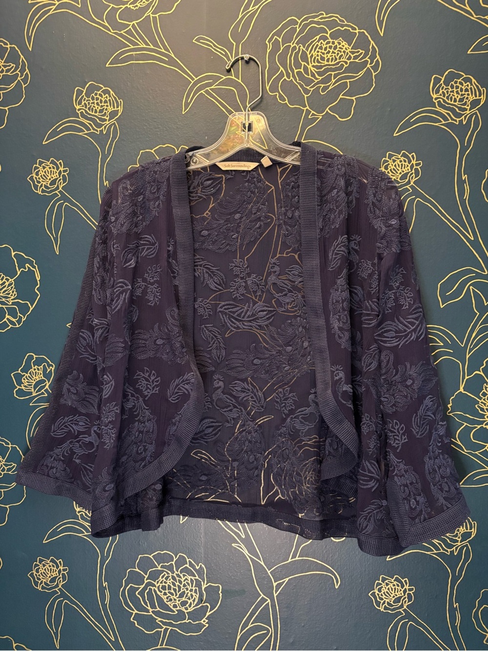 SOFT SURROUNDINGS peacock SILK bolero JACKET sheer topper BLUE embroidered M